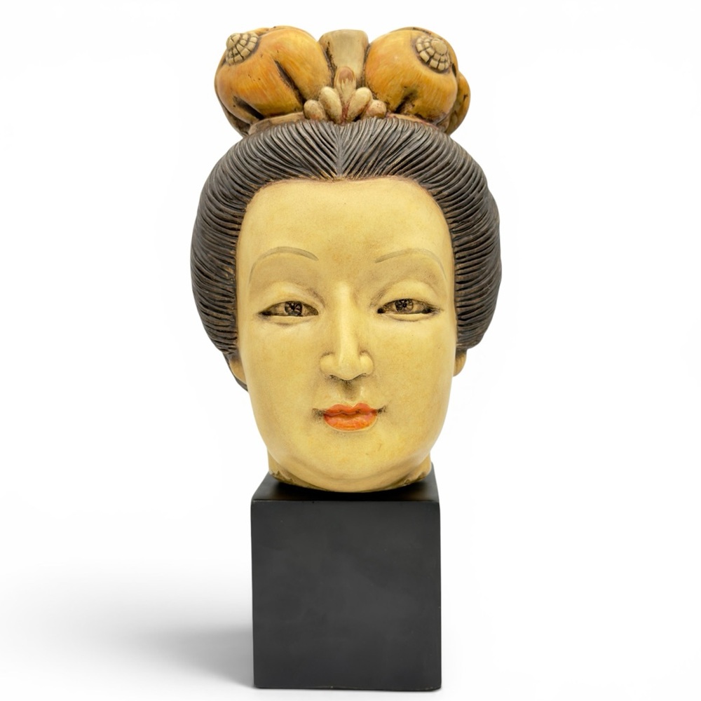 Vintage Art Nouveau Chalkware Geisha Head Bust 14" Asian Statement Statue MCM
